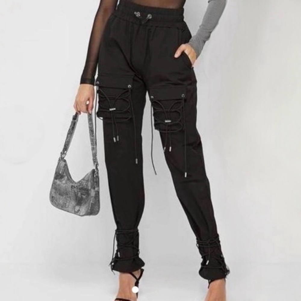 NWOT Maniere De Voir Black Cargo Pants with Bungee Cord
